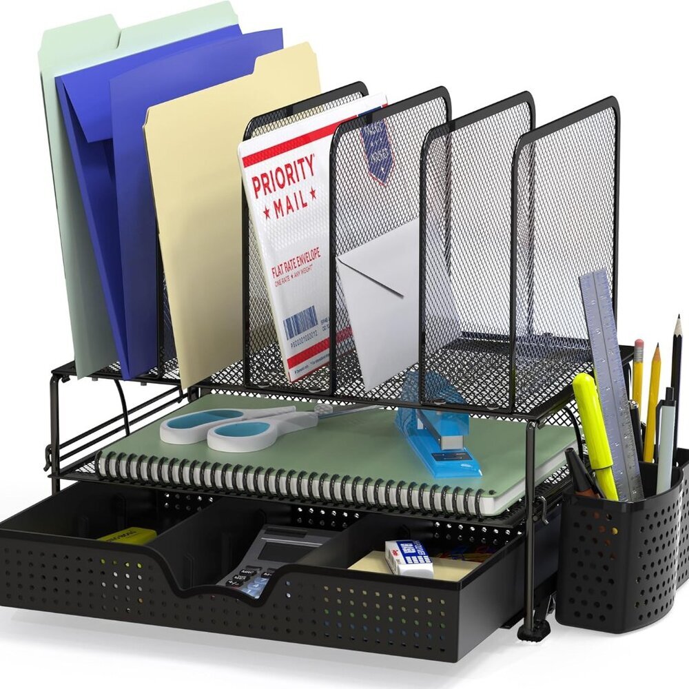 Mesh Desk Organizer with Sliding Drawer, Double Tray and 5 Upright Sections, Bla